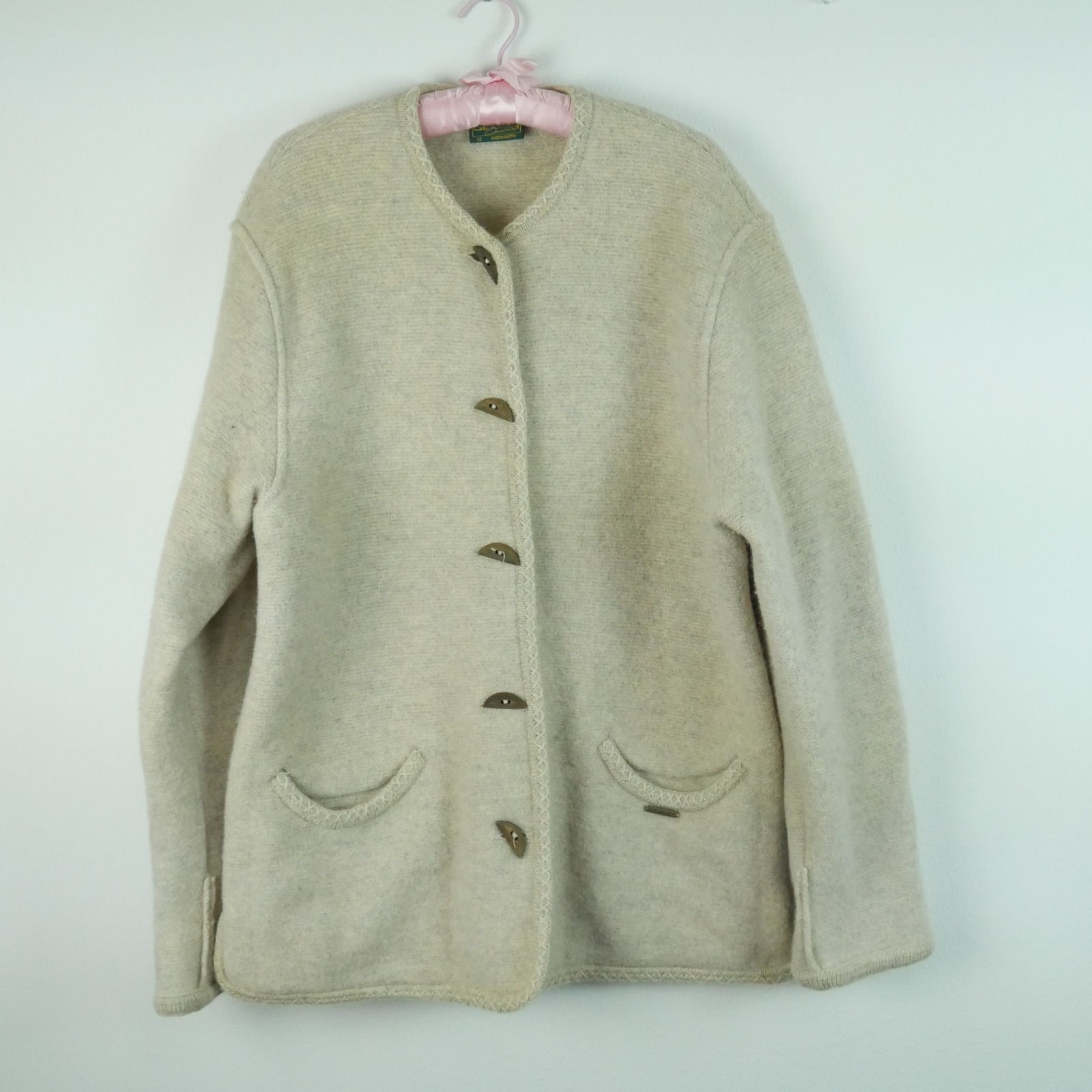Geiger Boiled Wool Cardigan Jacket Beige Austria 42 Vintage Cottagecore Cabin